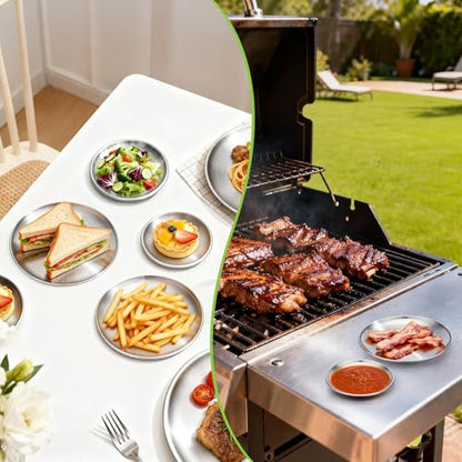 4 Stainless Steel Plates, 7.8 inch Small 201 Metal Camping Plate, Reusable Food Serving Dishes Snack Eating Round Shatterproof Brushed Finish Silver Dish for Dinner Oven Dishwasher Safe - size: 7.8"