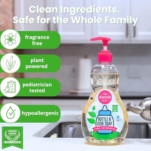 Dapple Baby Fragrance Free Bottle & Dish Soap - (3 Pack) 16.9 fl oz - Cleans Baby Bottles, Sippy Cups, Pacifiers, Breast Pumps, & More - Gently Removes Milk Film & Odors - Includes 1 Pump - size: 16.9 Fl Oz (Pack of 3)