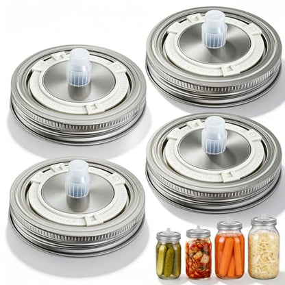 Ugotit Stainless Steel Mason Jar Lids for Wide Mouth Jars, 4 Pack | Self Burping Fermentation Lids with Automatic Waterless Airlock & Date Tracker, Fermenting Kit for Sauerkraut Kimchi Kombucha