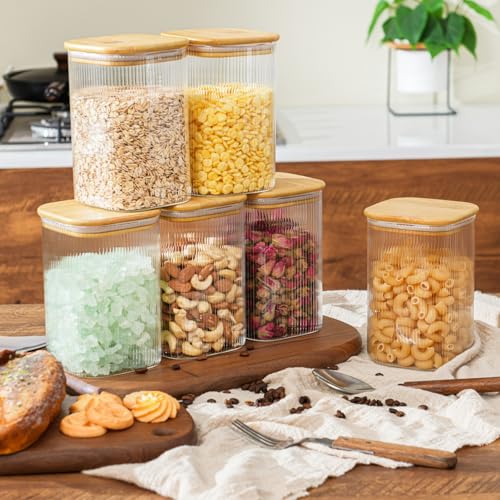 D2scrma 37oz Airtight Glass Square Storage Canisters with Bamboo Lids Set of 4 (1100ml) Striped Stackable Containers, Decorative Kitchen Jars for Tea, Nuts and Coffee (‎with Black Lable) - size: 37oz*4(Striped)