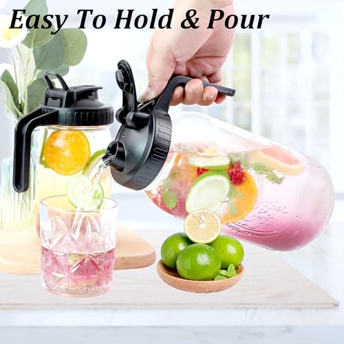 Mason Jar Pitcher With Pour Spout Lid (2 Pack) 32 Oz Wide Mouth Glass Pitcher With Handle And Flip Cap Lid 1 Quart Airtight Leak Proof Water Jugs For Iced Drinks, Iced Coffee, Milk, Lemonade