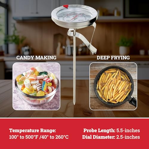 Escali AHC1 Stainless Steel Deep Frying and Candy Thermometer with Pot Clip, 5-Inch Probe with Candy Temperature Zones, NSF Certified - style: Short Probe