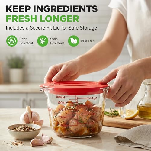 NutriChef 2 and 4 Cups Glass Measuring Cup Set with Lids (17 & 34 oz) - Heat-Resistant Borosilicate Liquid Measure Cups with Easy-Read Scale for Cooking, Baking and Food Storage, Dishwasher Safe - size: 2 pc set with lids