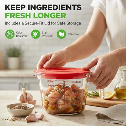 NutriChef 2 and 4 Cups Glass Measuring Cup Set with Lids (17 & 34 oz) - Heat-Resistant Borosilicate Liquid Measure Cups with Easy-Read Scale for Cooking, Baking and Food Storage, Dishwasher Safe - size: 2 pc set with lids
