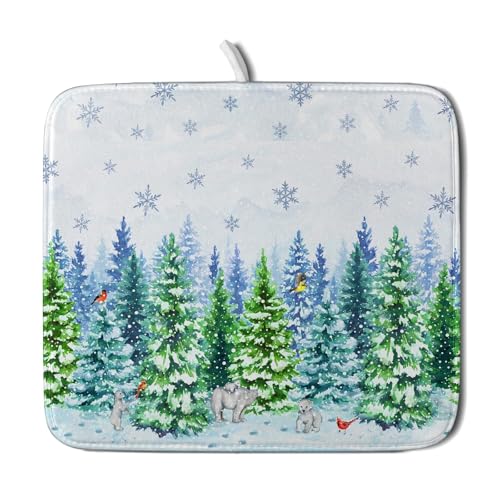 Watercolor Winter Dish Drying Pad Forest Kitchen Mat for Counter for Home Season Decor - color: Forest Bear Bird, size: 18" x 16"