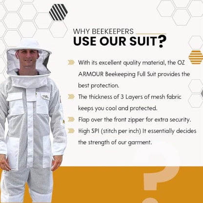 3 Layer Ventilated Bee Suit for Men & Women, Sting Proof Beekeeping Suit with Fencing & Round Veil, Professional Beekeeper Suit & Gear (Stout Size 2XL) - size: Stout Size 2XL