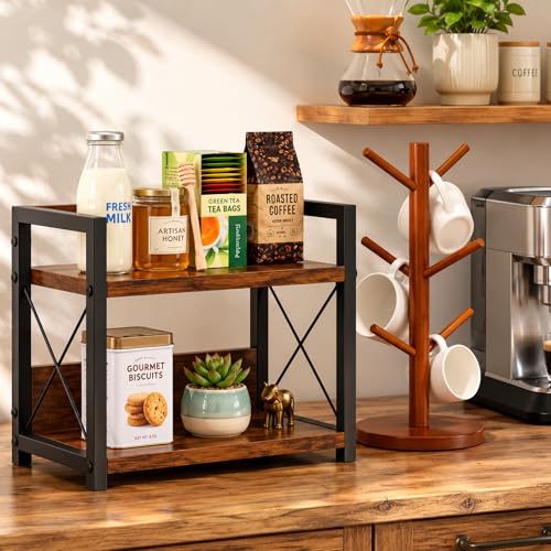 Novabright 2 Pack 2-tier Coffee Bar Organizer Countertop Shelf with 6 Hooks Mug Holder Tree, Cup Holder with Coffee Organizer Station Bar Accessories Spice Rack for Mugs Cups Housewarming Gift(Brown) - color: Brown