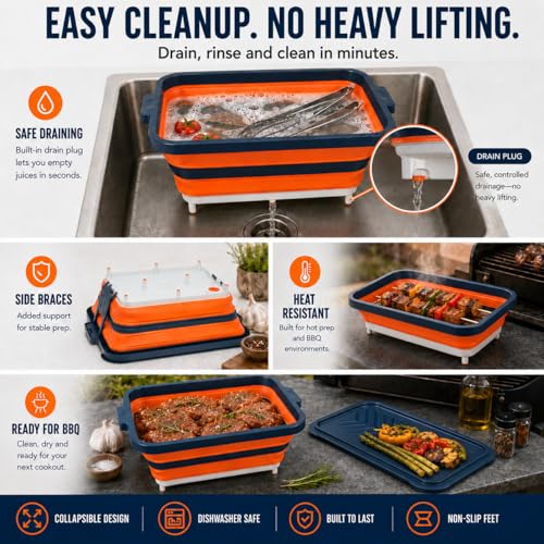 Collapsible BBQ Prep Tub with Convertible Cutting Board Design & Serving Lid – XL Brine Container & Meat Prep System for Brisket, Smoking, Grilling, Camping & Tailgating