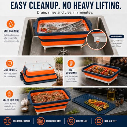 Collapsible BBQ Prep Tub with Convertible Cutting Board Design & Serving Lid – XL Brine Container & Meat Prep System for Brisket, Smoking, Grilling, Camping & Tailgating