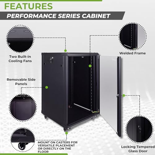 NavePoint 18U Server Cabinet Wall Mount Rack Enclosure with Caster Wheels, 2 Fans, Locking Glass Door, Removable Side Panels – 18U Network Cabinet 23.6” Deep, 19” Server Rack for IT Equipment - size: 18U - 600mm Depth