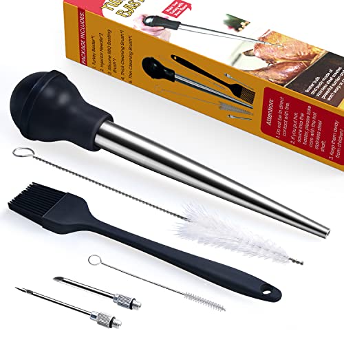Turkey Baster, Stainless Steel Baster for Cooking with Marinade Injectors Syringe, Basting Brush, Thick Cleaning Brush & Thin Cleaning Brush