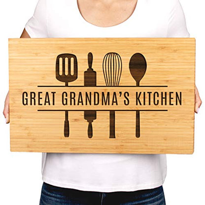 Andaz Press Large Bamboo Wood Cutting Board Gift, 17.75 x 11-inch, Great Grandma's Kitchen, Utensils Graphic, 1-Pack, Laser Engraved Serving Chopping Board Christmas Birthday Chef Kitchen Ideas - color: Great Grandma