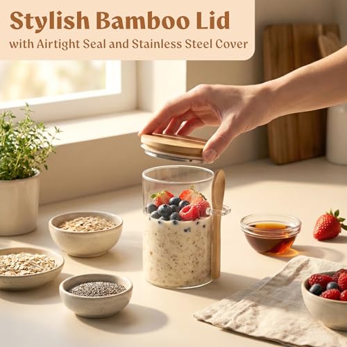Overnight Oats Containers with Lids, Labels & Spoons (4 x 16oz) Glass Jars for Oatmeal, Meal Prep, Food Storage | Leak-Proof Mason Jars for Oats, Cereal, Yogurt, Chia Pudding [Thicker Glass 3mm] - color: Bamboo Lid