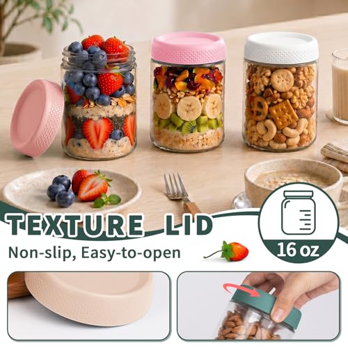 6 Pack Overnight Oats Containers with Lids, 16oz Wide Mouth Mason Jars, Glass Food Containers with Airtight Lids for Storage, Yogurt Bowls, Overnight Oats Jars for Meal Prep, Chia Pudding - color: Garden Blush