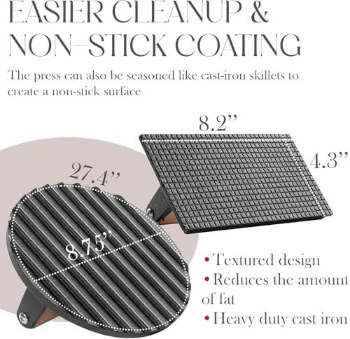 Bellemain Heavy-Duty Cast Iron Grill Press Set – Perfect Smash Burger Press & Steak Tool with Ergonomic Wood Handle for Pro-Level Searing on Griddle, Skillet, or BBQ - size: 7” Round and Rectangle