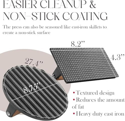 Bellemain Heavy-Duty Cast Iron Grill Press Set – Perfect Smash Burger Press & Steak Tool with Ergonomic Wood Handle for Pro-Level Searing on Griddle, Skillet, or BBQ - size: 7” Round and Rectangle