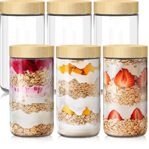 6 pack 24oz Overnight Oats Containers with Bamboo Lids, Glass Jars with Airtight Lids for Meal Prep, Wide Mouth Mason Salad Jars, Glass Food Storage Container for Yogurt Chia Snacks Spice Sugar - color: 24oz 6 Pack