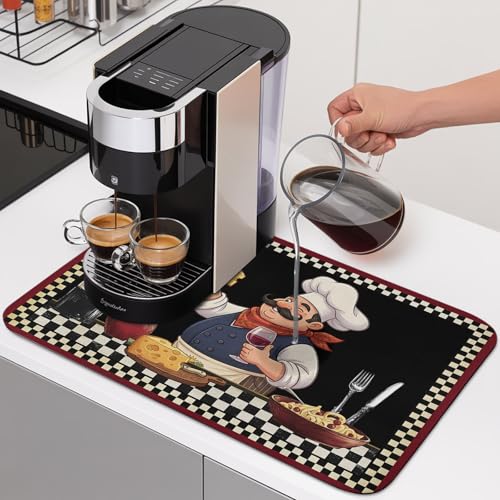 Retro Cartoon Chef Dish Drying Mats for Kitchen Counter, Vintage Wine Cheese Farmhouse Traditional Black Absorbent Coffee Bar Mat with Non-slip Rubber Backed Quick Drying Dish Rack Pad 16"x24" - color: Black, White, Red, size: 24" x 16"
