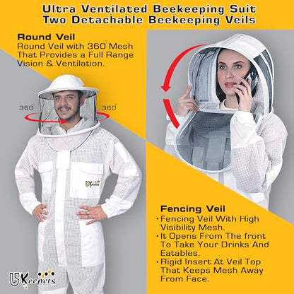 3-Layer Ultra Ventilated Sting Proof Bee Suit for Men & Women – Premium Beekeeping Suit with Bee Gloves & Two Detachable Beekeeping Veils (White L) - color: White, size: Large