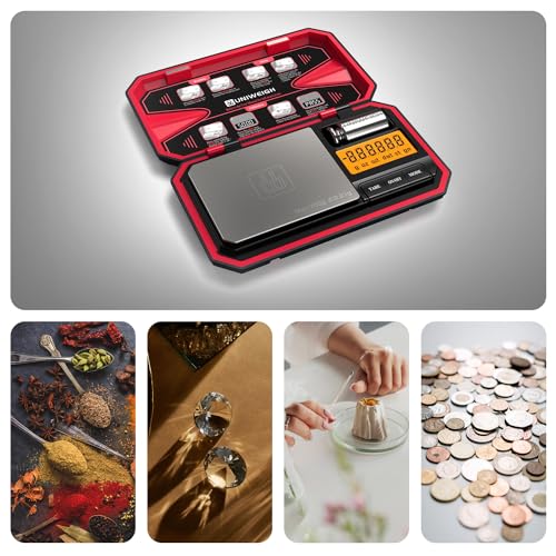 UNIWEIGH Travel Digital Pocket Scale 200g/0.01g, Digital Gram Scales | Mini Food Scale with 50g Calibration Weight for Food, Powder,small items, Tea, Jewelry, Coins (Battery Included)-Red - color: Red