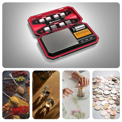 UNIWEIGH Travel Digital Pocket Scale 200g/0.01g, Digital Gram Scales | Mini Food Scale with 50g Calibration Weight for Food, Powder,small items, Tea, Jewelry, Coins (Battery Included)-Red - color: Red