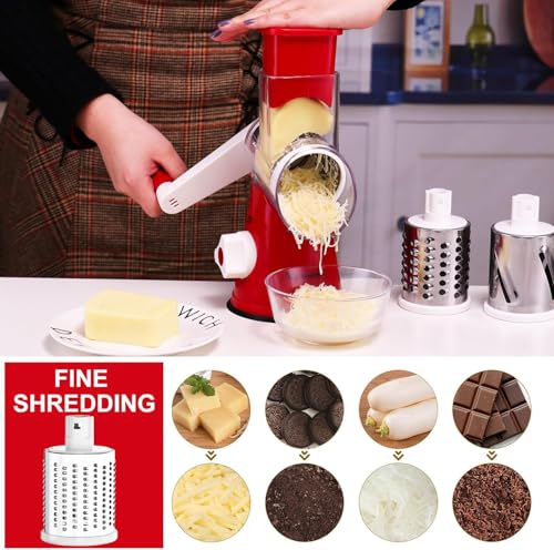 Cambom Rotary Cheese Grater Hand Crank Cheese Shredder for Fresh Cheese, Vegetable, Nuts,Non-slip Suction Base，Three Blades,Red - color: Red, size: 3 BLADES