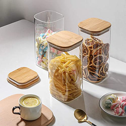 ComSaf 1.6 Qt Square Glass Jars with Bamboo Lids Set of 3, Space-Saving Glass Pantry Storage Containers, Airtight Clear Glass Storage Containers with Wide 3.9" Mouth for Coffee, Sugar, Short Pasta - size: 1.6Qt*3