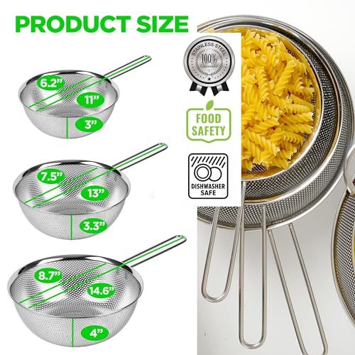 Premium 18/8 304 Stainless Steel Set of 3 – Micro-Perforated Strainer with Long Handle, Self-Draining Base for Pasta Rice Vegetables, 18/8 304 Heavy Duty (1.5, 2.5, 4 Qt) Made in Korea - size: 1.5+2.5+4QT Strainer
