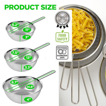 Premium 18/8 304 Stainless Steel Set of 3 – Micro-Perforated Strainer with Long Handle, Self-Draining Base for Pasta Rice Vegetables, 18/8 304 Heavy Duty (1.5, 2.5, 4 Qt) Made in Korea - size: 1.5+2.5+4QT Strainer