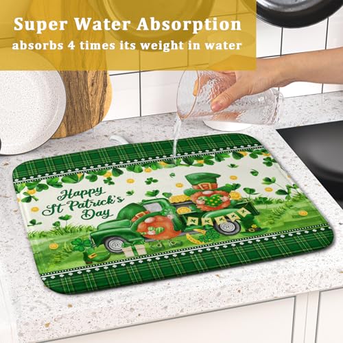 Shamrock Truck Dish Drying Mat Buffalo Check Dish Drainer Mat 16x18 inch Reversible Microfiber Quick Dry Rack Pad for Kitchen Counter Sink - color: Shamrock Truck Plaid, size: 16" x 18"