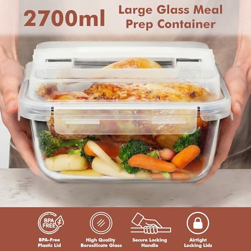 Razab 2700ml / 91Oz / 11.5 Cups Large Glass Food Storage Containers with Lids - Glass Meal Prep Containers for Roasting & Storing Leftover, Glass Lunch Container, Microwave & Oven Safe - color: Black