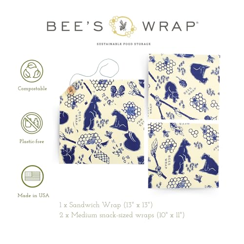 Bee's Wrap Beeswax Wraps for Food - 3 Pack of Assorted Beeswax Wraps - 2 Medium & Sandwich Wrap - Plastic Free Made in USA Reusable Natural Food Wrap - Bees & Bears - style: Lunch Pack Bees + Bears