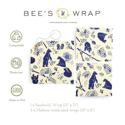 Bee's Wrap Beeswax Wraps for Food - 3 Pack of Assorted Beeswax Wraps - 2 Medium & Sandwich Wrap - Plastic Free Made in USA Reusable Natural Food Wrap - Bees & Bears - style: Lunch Pack Bees + Bears