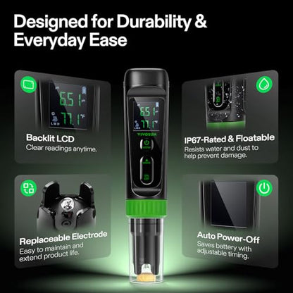 VIVOSUN Aerolab Digital pH Meter Kit ±0.01 High Accuracy, Waterproof pH Tester Pen with Replaceable Probe, LCD Display, Auto Temperature Compensation, Calibration Powder for Hydroponics, Gardening