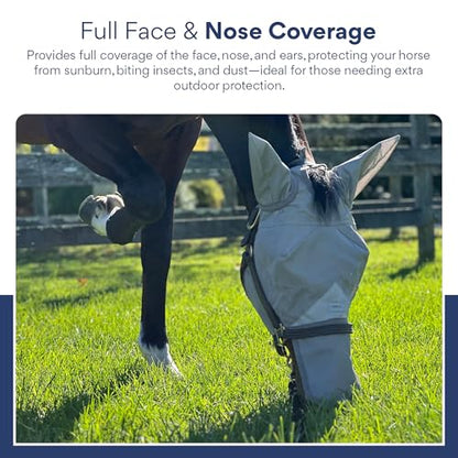 Horse Fly Mask with Nose Cover and Ears - 95% UV Eye Protection - Built-in Visor - Breathable, Lightweight Mask - Adjustable Fit for Comfort Horse Medium/Large Size