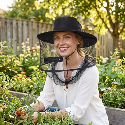 Sucrain Mosquito Head Net Hat Sun Hat Garden Bug Hat with Hidden Net Mesh for Outdoor Gardening Beekeeping - color: Black