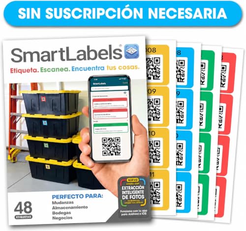 SmartLabels - Etiquetas QR en Español - Con App de Análisis de Fotos IA - Crea Descripciones Sin Escribir - para Inventario Fácil, Organización de Bodegas o Etiquetas de Mudanza - Paquete de 48 - style: Spanish
