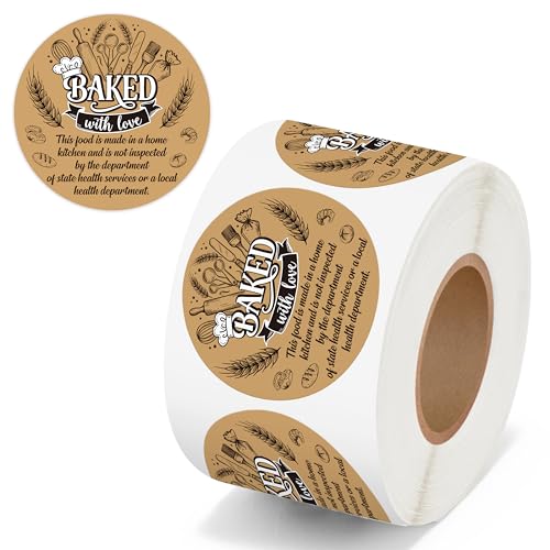 PANTIDE Cottage Food Law Labels Stickers - 500 Count Baked with Love Adhesive Round Decal Roll, Made in A Home Kitchen Inspection Statement for Bakery Baked Food Packaging (2 x 2 Inch, Kraft Brown) - color: Baked With Love Kraft Brown