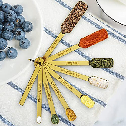 Wildone Gold Measuring Cups & Spoons Set of 21 - Includes 7 Stainless Steel Nesting Measuring Cups, 8 Measuring Spoons, 1 Leveler & 6 Mini Measuring Spoons, Ideal for Dry & Liquid Ingredients - color: Gold