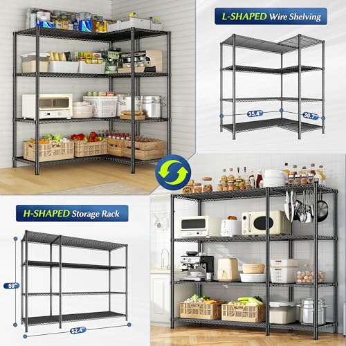 Romorgniz Storage Shelves, 1120 Load Heavy-Duty & L-Shaped, for Kitchen | 4 Tier shelf 52.4" W,Waterproof & rust-resistant,flexible L/H shaped,Tool-free Assembly, Adjustable shelves,Pantry shelf - size: 13.78"D x 52.36"W x 59"H