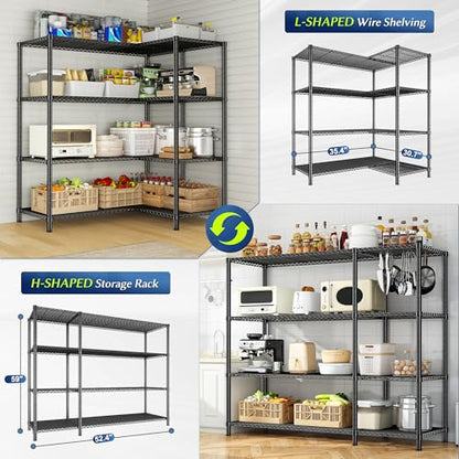 Romorgniz Storage Shelves, 1120 Load Heavy-Duty & L-Shaped, for Kitchen | 4 Tier shelf 52.4" W,Waterproof & rust-resistant,flexible L/H shaped,Tool-free Assembly, Adjustable shelves,Pantry shelf - size: 13.78"D x 52.36"W x 59"H