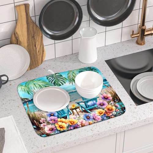 Spring Summer Sea Chair Dish Drying Mat for Kitchen Counter,Coastal Beach Palm Leaf Flowers Drying Mat 16 x 18 Inch with Absorbent Reversible Microfiber Drying Pad for Coffee Bar - size: 16" x 18"