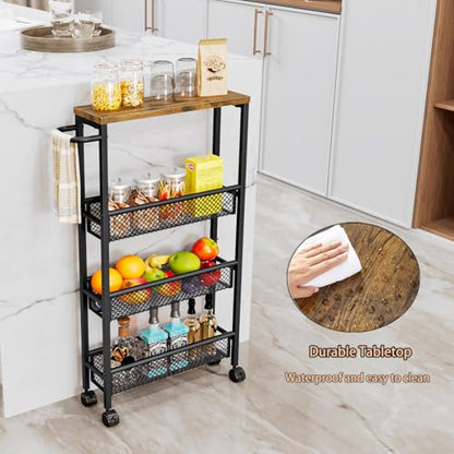 AZERPIAN Slim Rolling Cart 4 Tier Narrow Storage Cart on Wheels with MDF Board Top and Metal Handle for Small Space Kitchen Living Room Home Office Pantry Bathroom Laundry Room(16.54×5.12×30.31 inch) - size: 16.54 x 5.12 x 30.31 inch