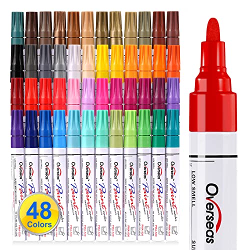 Overseas 48 Colors Paint Pens, Oil Based Permanent Paint Markers Medium Tip | Waterproof, Quick Dry, Fade Resistant, Assorted Colors Marker Pen for Metal, Rock, Wood, Rubber, Plastic, Glass, Canvas - size: 1 Count (Pack of 48)