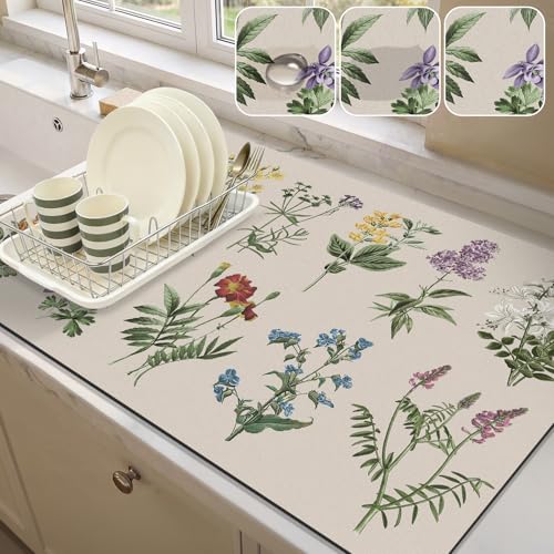 LOKHOM Dish Drying Mat for Kitchen Counter, 17"x28" Absorbent Coffee Bar Mat with Vintage Sage Flower Herbs, Dish Drainer Rack Mat for Kitchen Counter - size: 17" x 28"