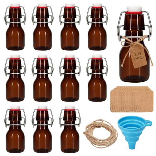 12Pcs 2 oz Amber Mini Swing Top Glass Bottles with Stoppers Small Flip Top Bottles with Airtight Lids for Crafts Decoration Wedding Themed Party Favors (12)
