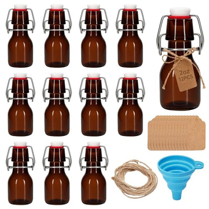 12Pcs 2 oz Amber Mini Swing Top Glass Bottles with Stoppers Small Flip Top Bottles with Airtight Lids for Crafts Decoration Wedding Themed Party Favors (12)