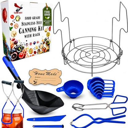 Supa Ant Blue Canning Supplies Starter Kit-10 pc Canner Accessories with Canning Rack for Jars, XL Ladle, Wide Mouth Jar Funnel, Jar Lifter & Wrench, Bubble Popper/Measurer, Lid Lifter, Kitchen Tongs - color: Blue