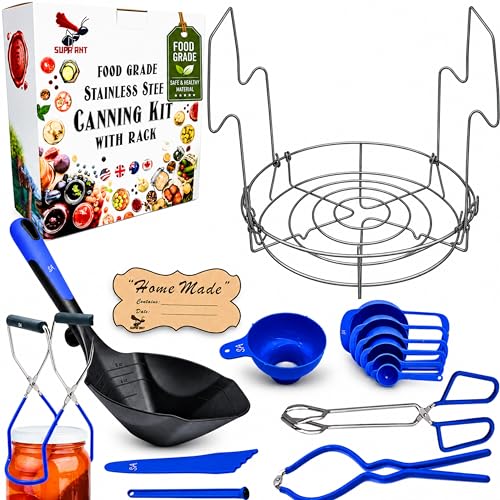 Supa Ant Blue Canning Supplies Starter Kit-10 pc Canner Accessories with Canning Rack for Jars, XL Ladle, Wide Mouth Jar Funnel, Jar Lifter & Wrench, Bubble Popper/Measurer, Lid Lifter, Kitchen Tongs - color: Blue