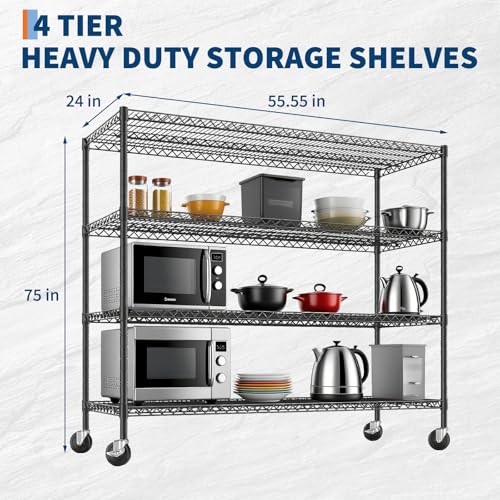 4 Tier Heavy Duty Wire Garage Shelving with Wheels, 2200 LBS Capacity, 24"D x 56"W x 75"H, Adjustable Metal Storage Rack, Industrial Shelves for Warehouse, Kitchen, Garage, Pantry and Utility Room